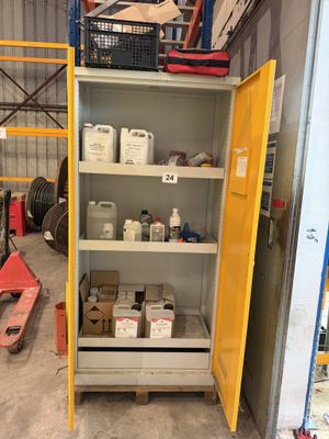 a yellow cabinet in the middle of a warehouse filled with items