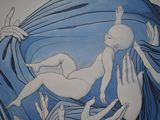 painting of a woman holding a baby in her arms with hands reaching out