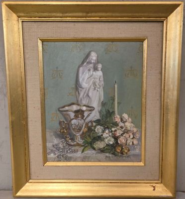 tableau représentant une femme avec une bougie et des fleurs, dans un cadre doré