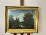 une peinture à l'huile représentant une scène forestière avec un ruisseau au premier plan