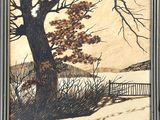 une image représentant un tableau où l'on voit un arbre et une clôture dans la neige