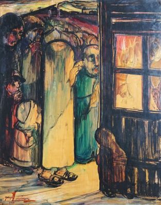 an image of a painting of a woman standing in front of a door