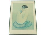 painting of a woman sitting on a mat with a flower in her hand