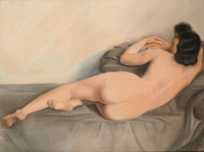 un tableau représentant une femme nue assise sur un canapé
