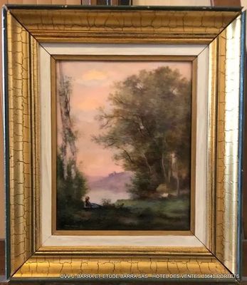 une peinture à l'huile représentant un homme assis sur un banc au bord d'un lac