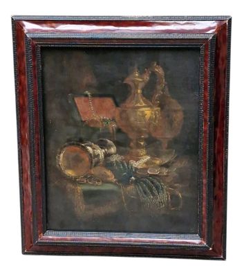 tableau représentant une nature morte avec un vase et d'autres objets posés sur une table