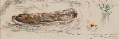 drawing of a dog laying on the ground next to a vase of flowers