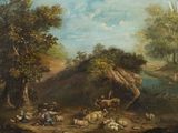 tableau représentant des personnages et des animaux dans un environnement boisé