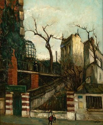 une image représentant un tableau illustrant une scène de rue avec un cheval et une calèche