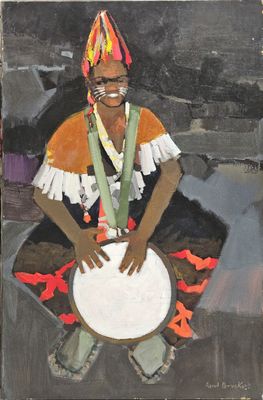 a painting of a woman holding a frisbee in her hands