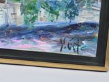 framed oil painting of a view of a city with a bridge in the foreground