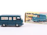 a blue toy bus that is next to a box