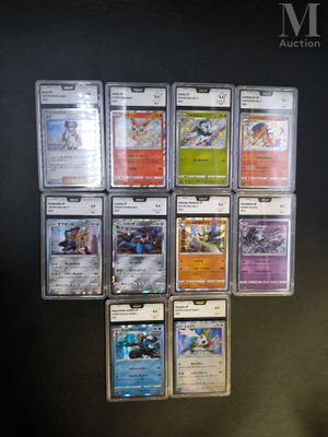 a lot of pokemon cards on display on the wall