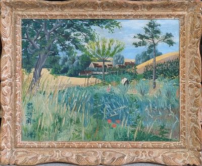 une peinture à l'huile d'un champ avec une maison au loin