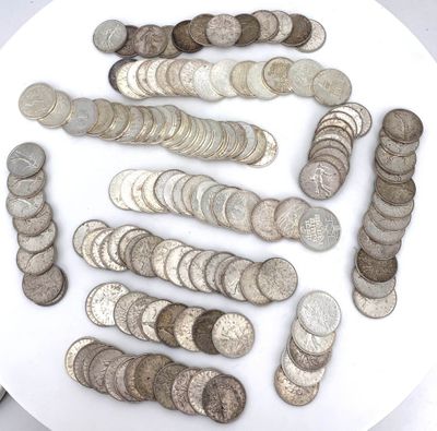 a lot of coins on a white plate on a table