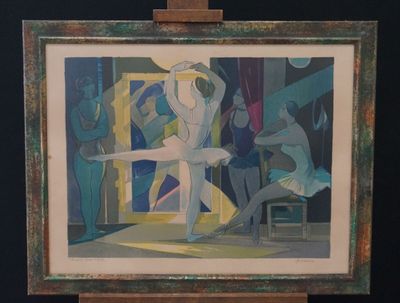 a picture of a painting on a easel with a ballerina in the foreground