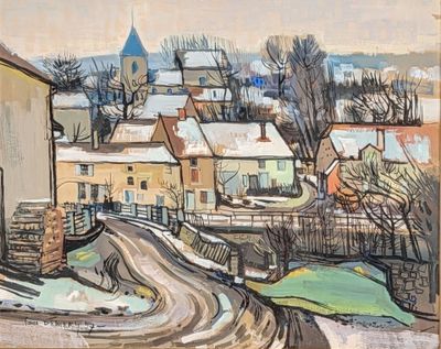 an image of a painting of a town in the snow