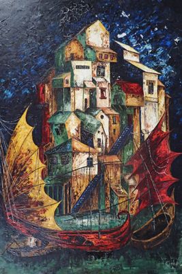 peinture d'un bateau sur un plan d'eau avec un bâtiment en arrière-plan