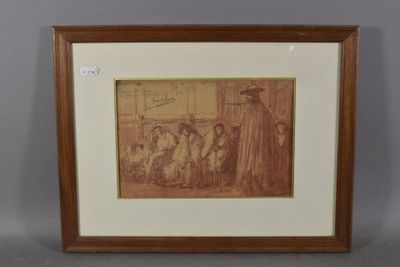 un vieux dessin représentant un groupe de personnes assises dans une pièce