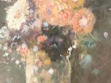 painting of a vase of flowers on a table in a dark room