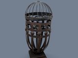 a bird in a cage that is on a stand