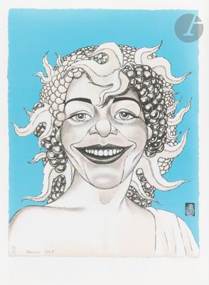 drawing of a smiling woman with curly hair and a flower in her hair