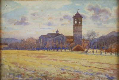 tableau représentant une église avec un clocher au milieu d'un champ