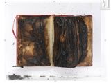 un livre ouvert aux pages brûlées posé sur une surface blanche