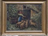 un tableau représentant une femme qui nourrit des moutons dans un champ