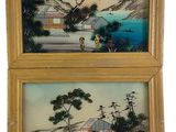 deux tableaux encadrés représentant des paysages asiatiques : un lac et des montagnes