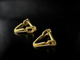 a pair of gold earrings on a black background