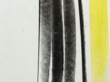 an abstract painting of black and yellow lines on a white background