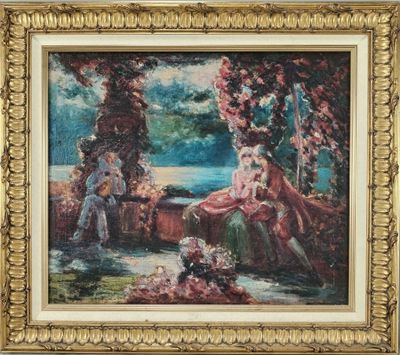 une image représentant un tableau où l'on voit une femme assise sur un banc dans un jardin