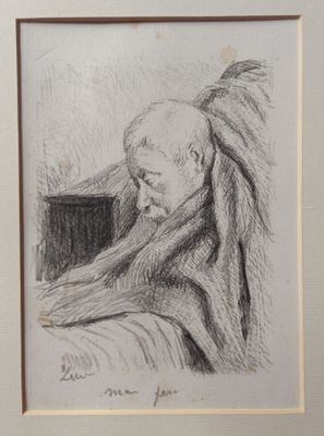 drawing of a man with long hair and a beard sitting in a chair