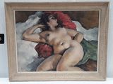 a painting of a nude woman laying on a bed