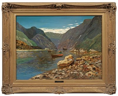 an image of a painting of a boat on a lake