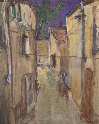 painting of a street scene with buildings and a person walking down the street