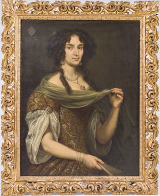 portrait of a woman in a brown dress with a green shawl