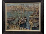 une image représentant un tableau montrant des bateaux dans un port, avec une ville en arrière-plan