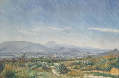 painting of a view of a valley with hills in the distance