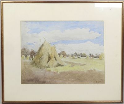 une image représentant un tableau montrant du foin dans un champ, avec des arbres en arrière-plan