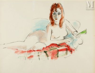 dessin représentant une femme allongée sur un lit, une bouteille de vin à la main