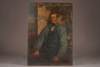 painting of a man in a blue shirt and bow tie sitting in front of a stone wall