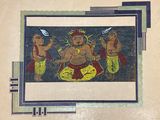 a painting on the wall of a building with a picture of a man and two women