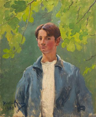 an oil painting of a man in a blue jacket standing in front of a tree