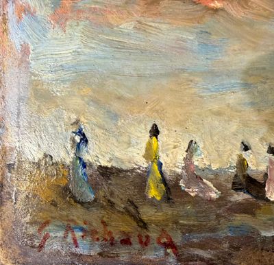 une peinture à l'huile représentant un groupe de personnes marchant à travers un champ