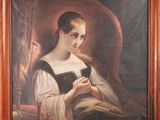 painting of a woman sitting in a chair holding a cat in her lap