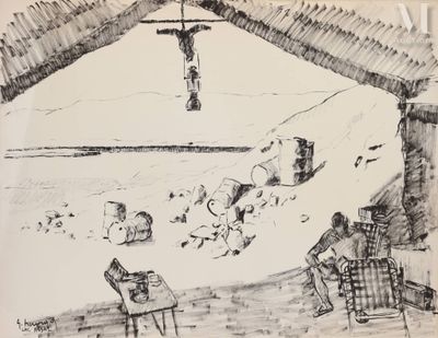 dessin représentant un groupe de personnes assises autour d'une table sous une croix