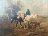 a painting of a man riding a horse with two horses and a calf