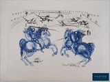 dessin à l'encre bleue représentant deux chevaux se poursuivant dans un champ